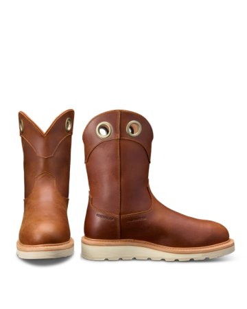A pair of brown leather boots with rounded toes and cream-colored soles, featuring pull-on grommets near the top.