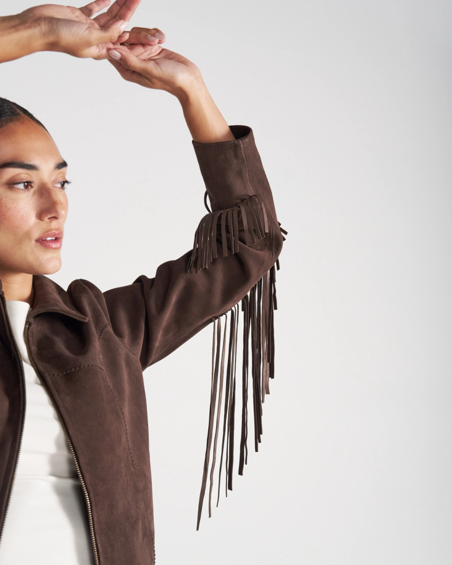 Closeup detail view of Women's Suede Fringe Jacket - Chocolate Brown