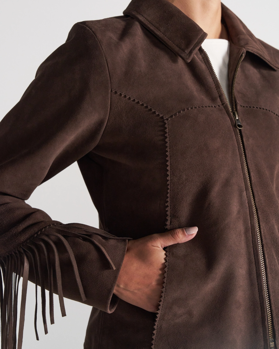 Closeup detail view of Women's Suede Fringe Jacket - Chocolate Brown