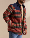 Closeup detail view of Men's Wildcat Pearl Snap Shacket - Brick Multi Stripe/Denim