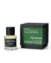 A bottle of Ranger Station Waterloo fragrance sits next to its box, which lists notes including Texas sage, orris, rockrose, vetiver, and palo santo. Both items are labeled Tecovas.