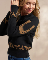 Closeup detail view of Women's Crew Neck Lucky Boots Sweater - Black Heather/Oatmeal