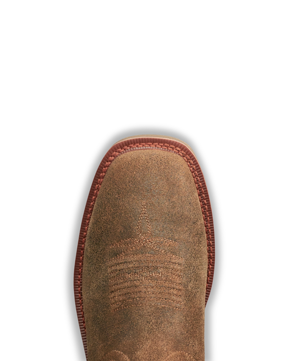 Toe view of LongHaul Waterproof Square Soft Toe Work Boot with Temp Control - Earthstone Cowhide on plain background