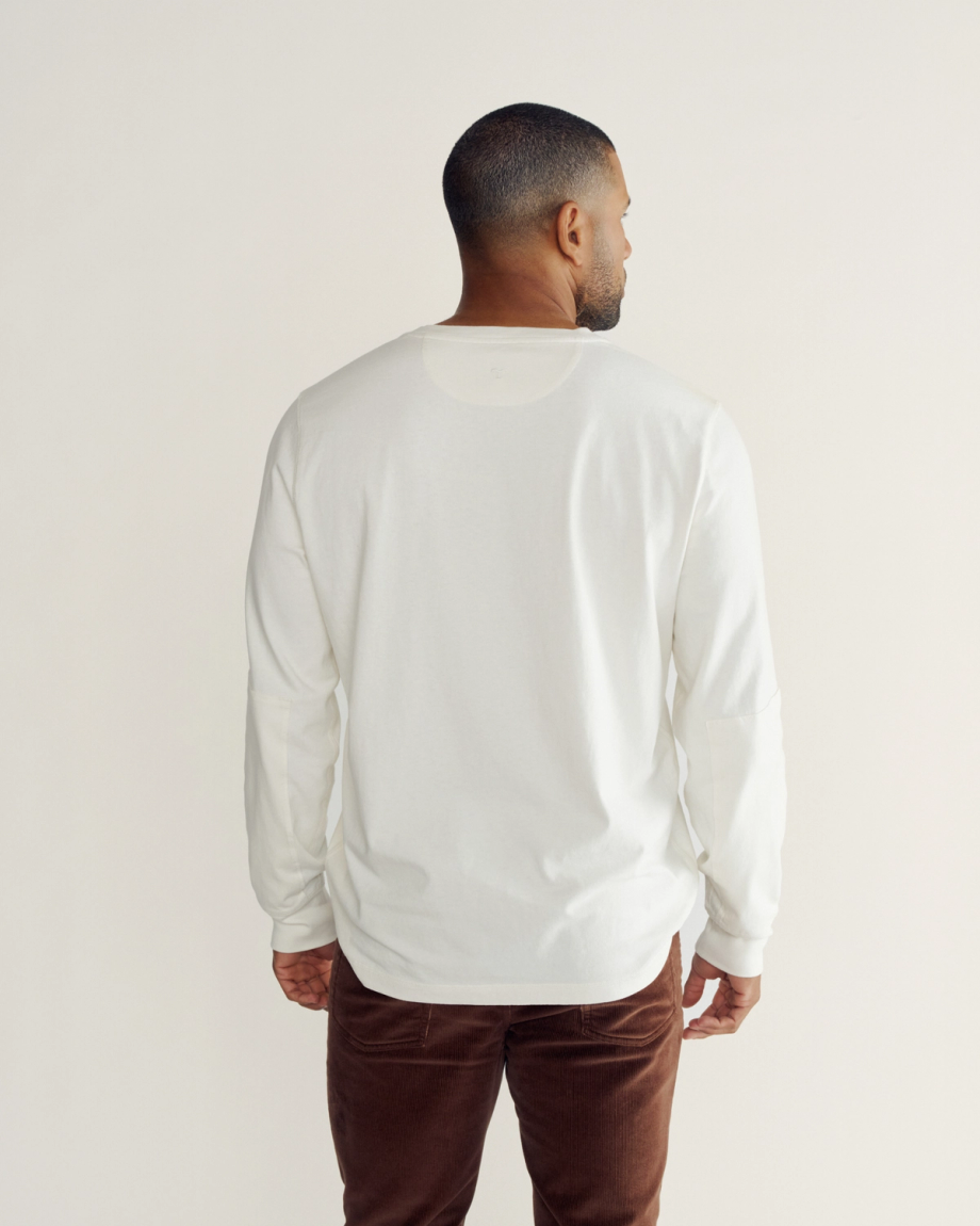 Back view of Men's Henley LS - Whisper White on model