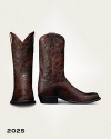 Dark brown western cowboy boots with embossed scale texture and stitched shaft detailing.