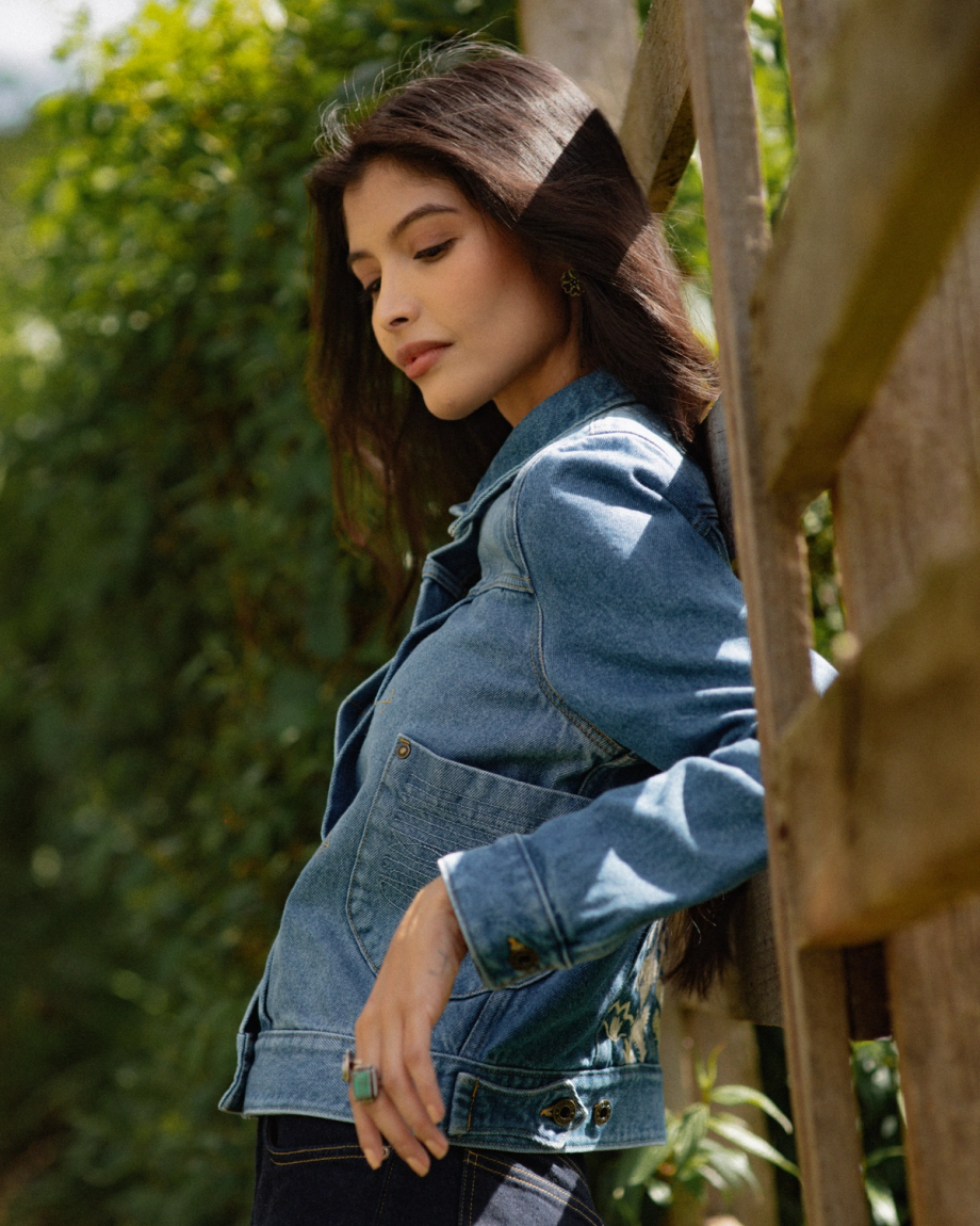 View of Tecovas x Mi Golondrina Denim Trucker Jacket - Medium