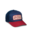 Quarterfront view of Vintage Patch Five-Panel Low Profile Hat - Navy/Red on plain background