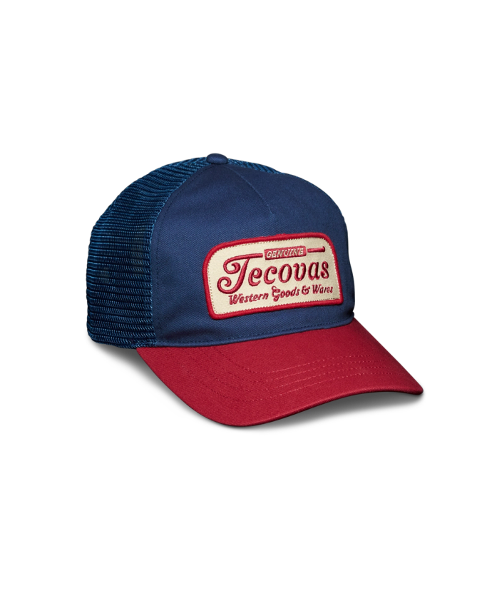 Quarterfront view of Vintage Patch Five-Panel Low Profile Hat - Navy/Red on plain background