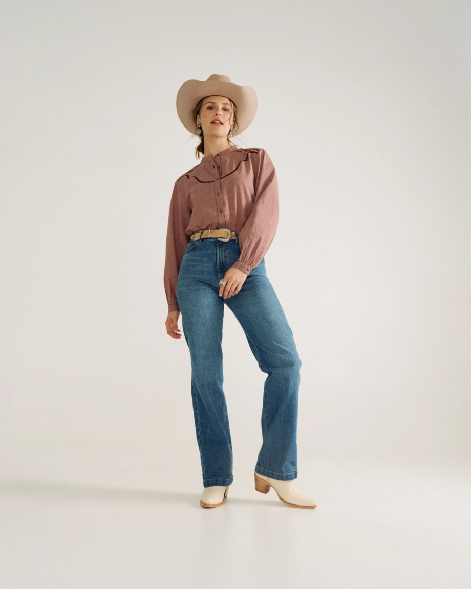 Full view of Women's Mini Seersucker Blouse - Burgundy / Pink on model