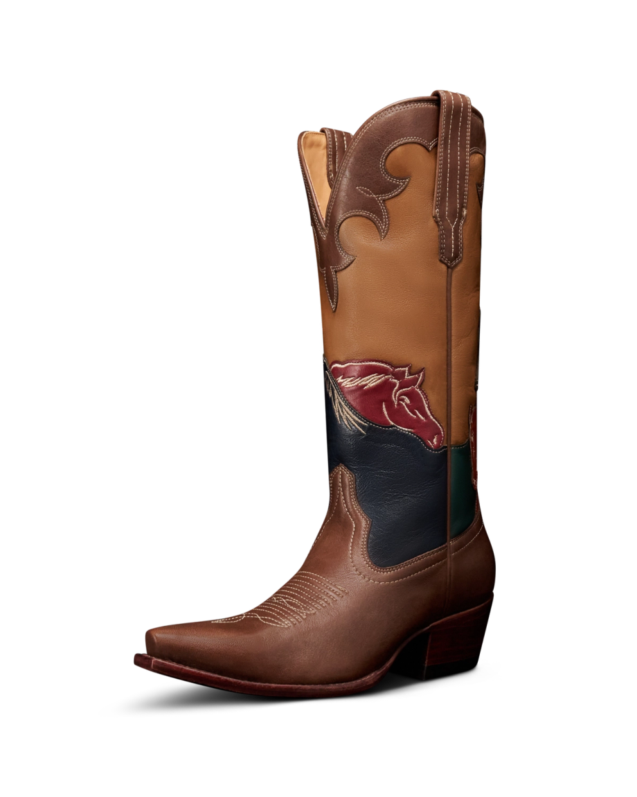 Quarterfront view of The Annie Wild Horses - Multi Cowhide on plain background