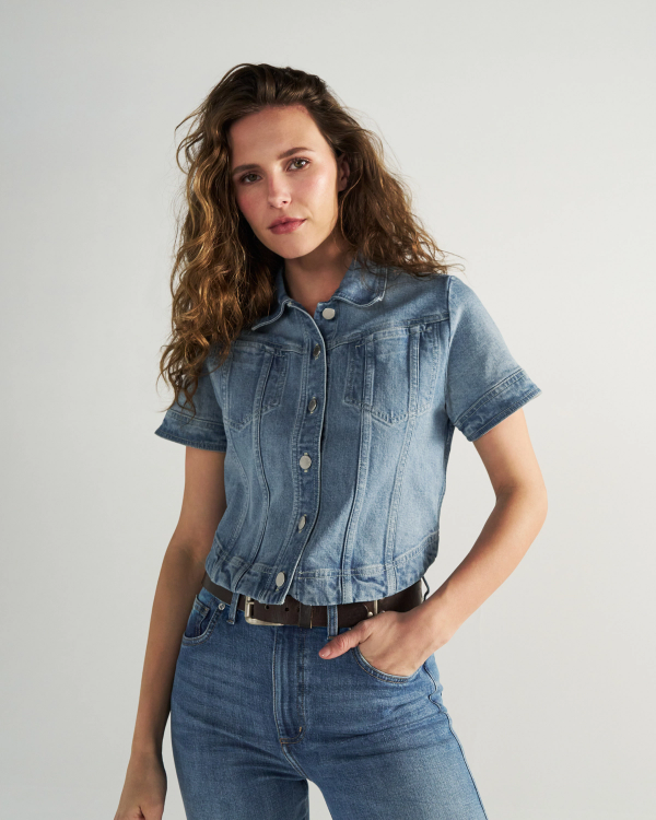 Front view of Women's Short Sleeve Denim Top - Light Wash on model