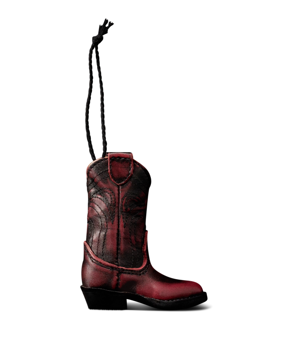 Profile view of Cartwright Boot Ornament - Black Cherry on plain background