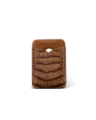 Brown leather card holder with a crocodile pattern, featuring a single pocket and a curved cutout at the top, displayed on a plain white background.
