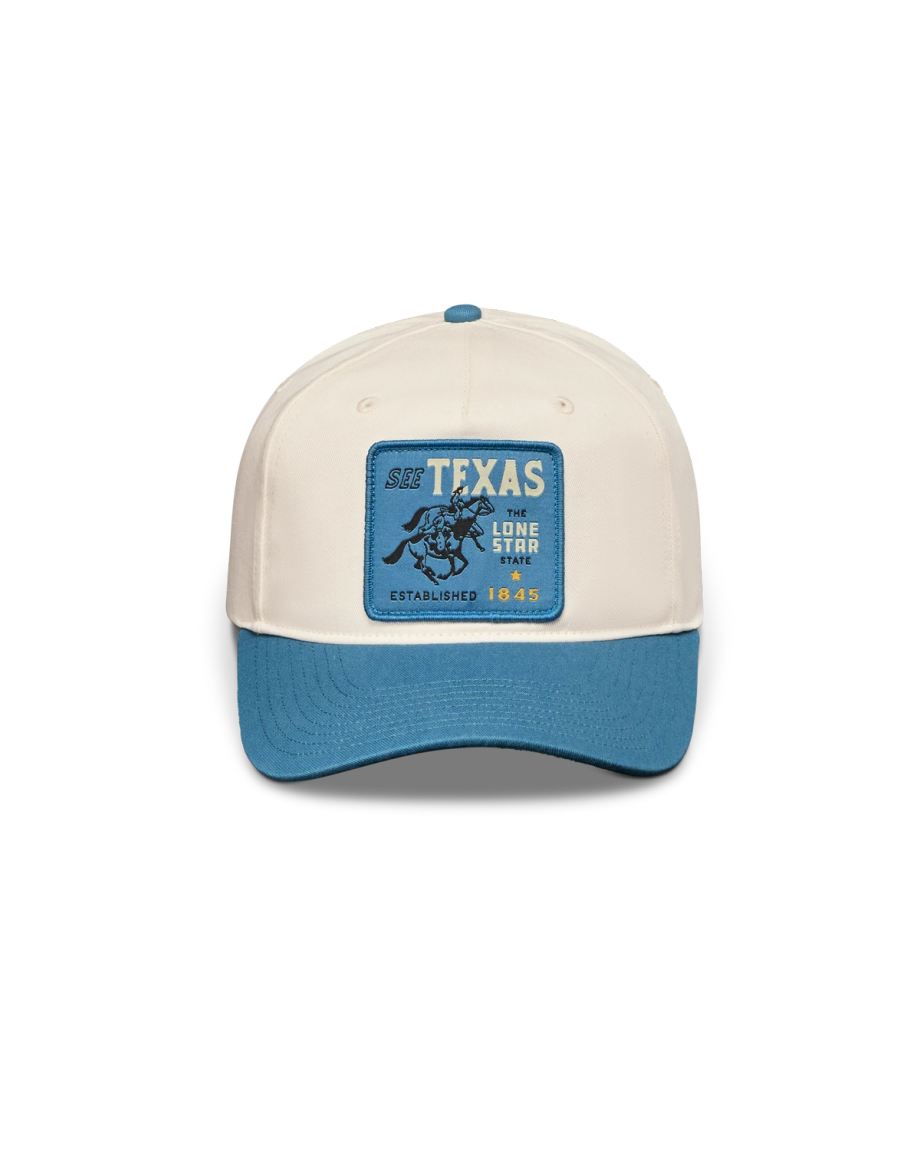 Front view of See Texas Hat - White/Blue on plain background