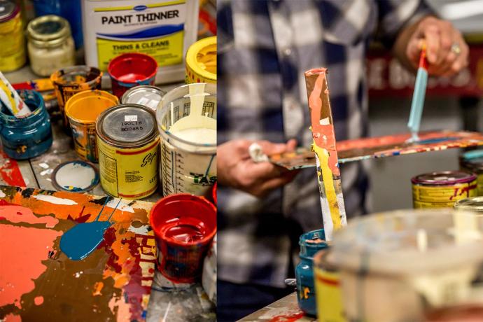 split image of buckets of paint on the left and man mixing paint on the right