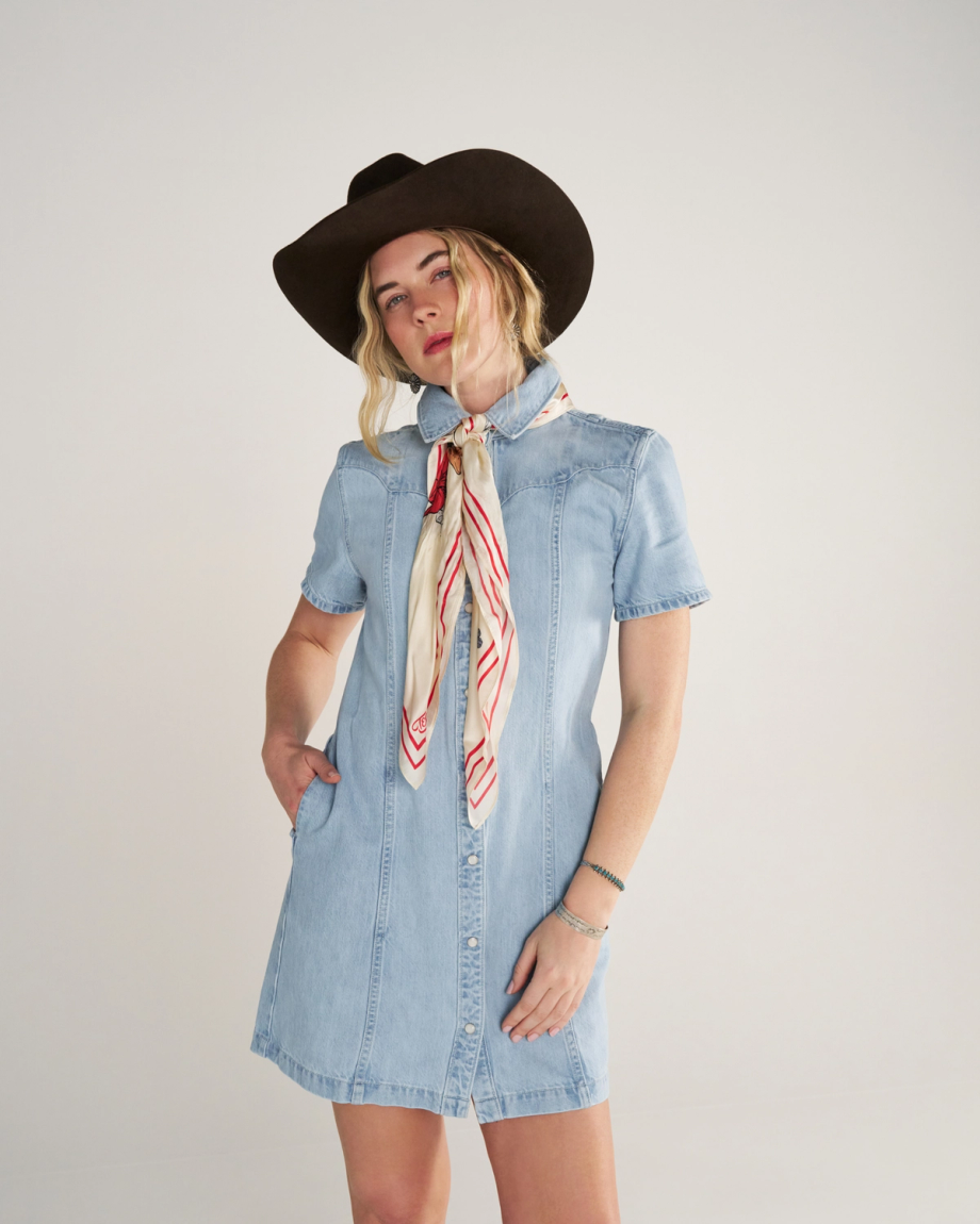 Closeup detail view of Women's Short Sleeve Mini Pearl Snap Dress - Light Wash