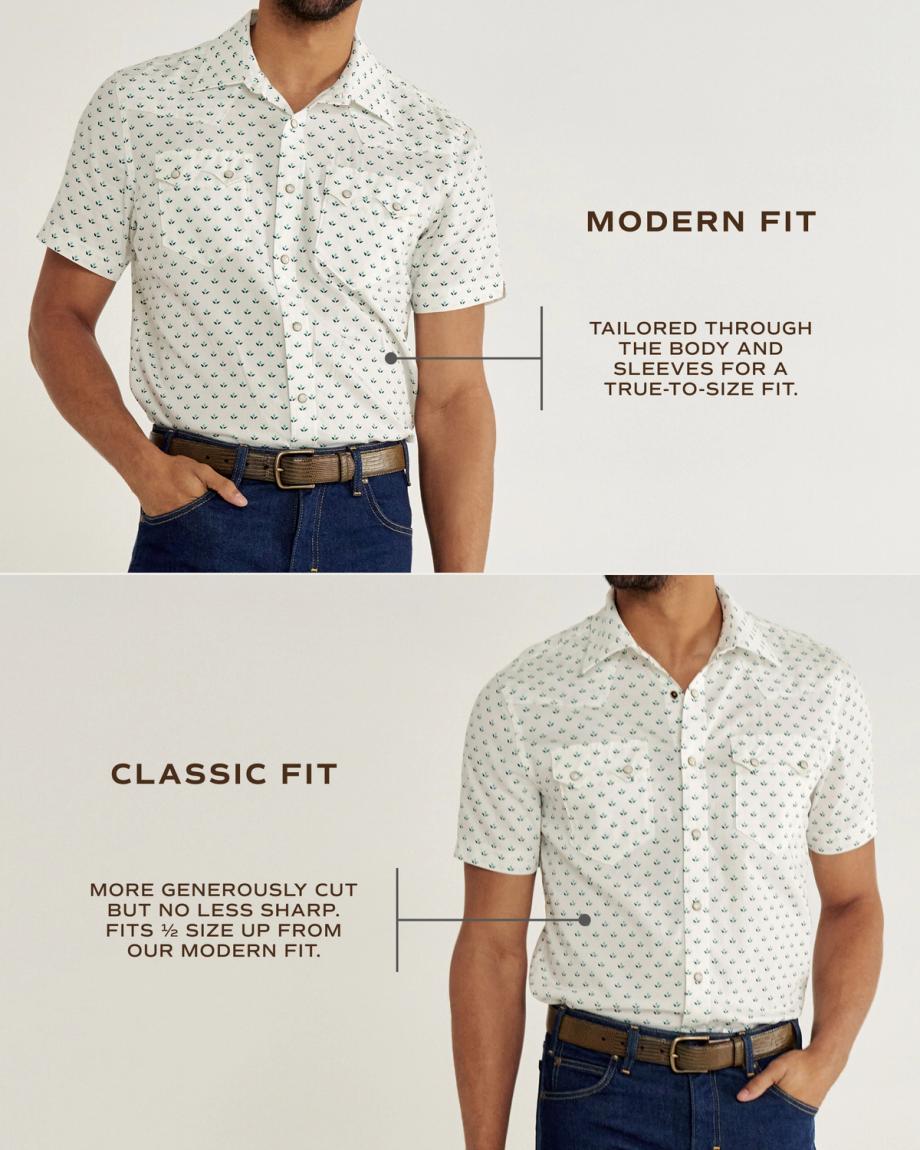 Two men modeling shirts. Top: Modern fit, tailored and true-to-size. Bottom: Classic fit, more generously cut, fits 1/3 size up from modern fit. Both wear dark jeans and belts.