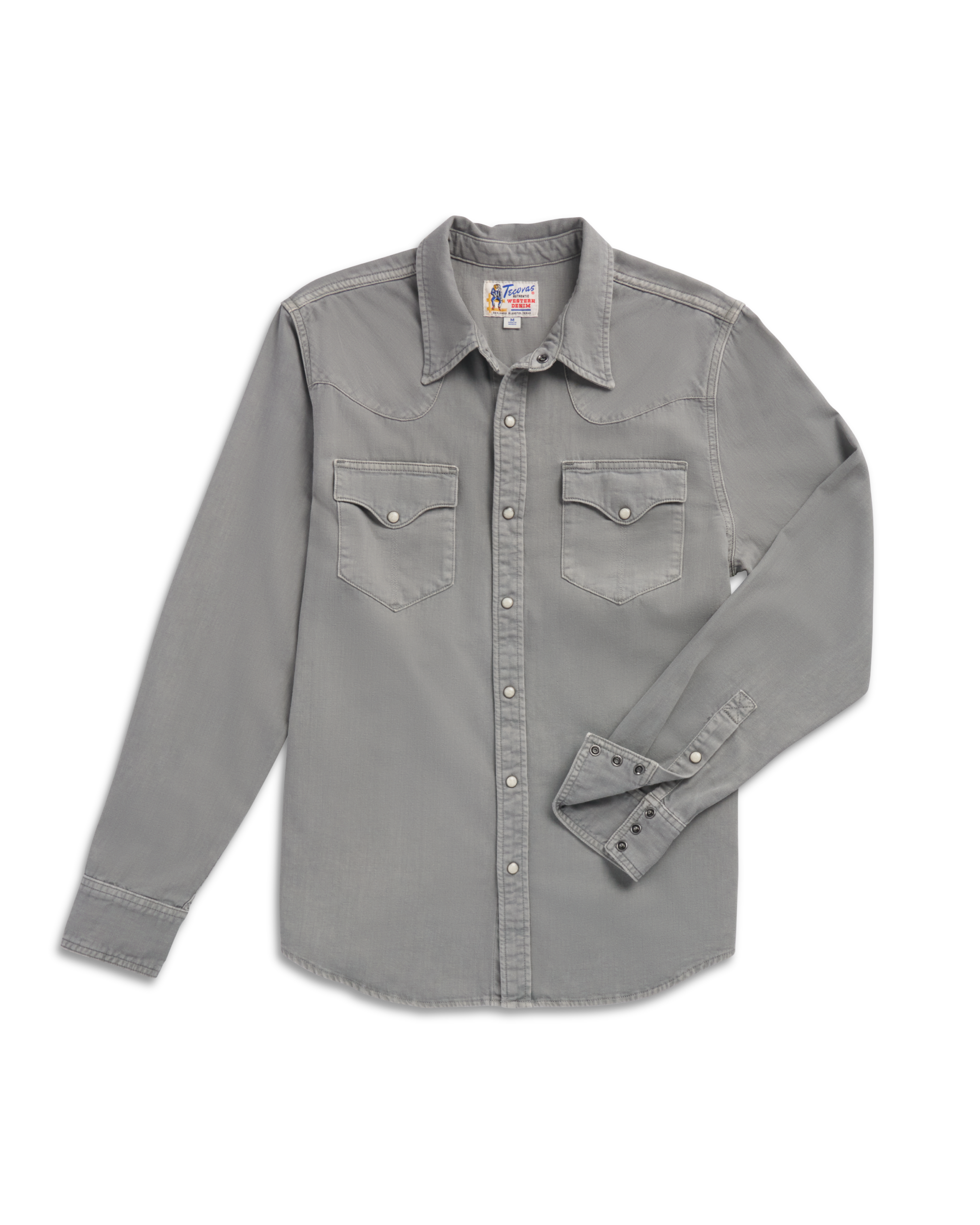 Closeup detail view of Men's Denim Pearl Snap - Light Gray