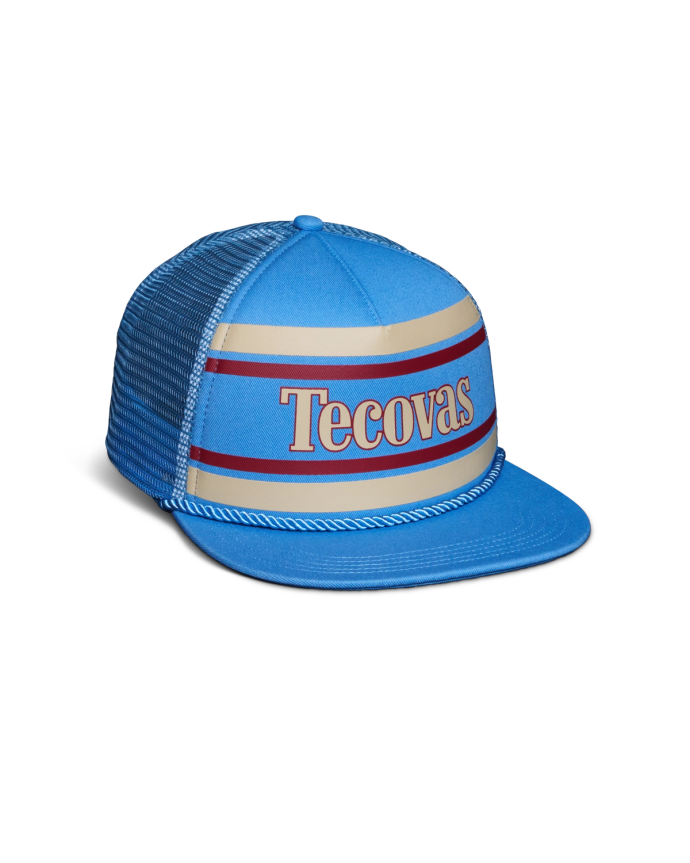 Quarterfront view of Retro 5-Panel High Pro Flat Brim Trucker - Blue on plain background