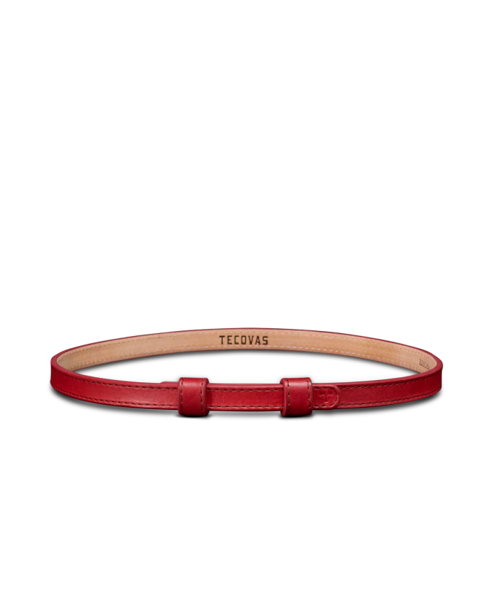 A red leather belt with a simple buckle and “Tecovas” branding on the inner side, displayed on a plain white background.