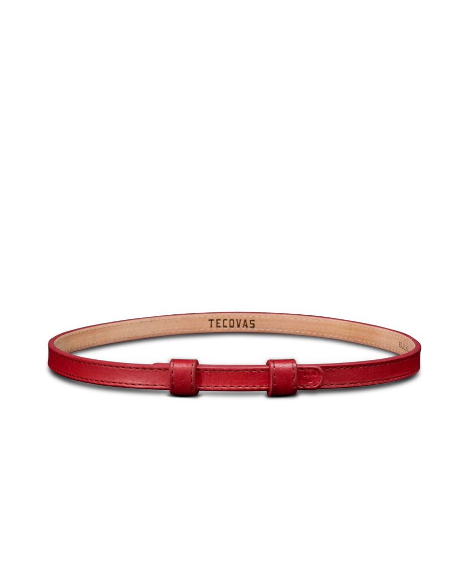 A red leather belt with a simple buckle and “Tecovas” branding on the inner side, displayed on a plain white background.