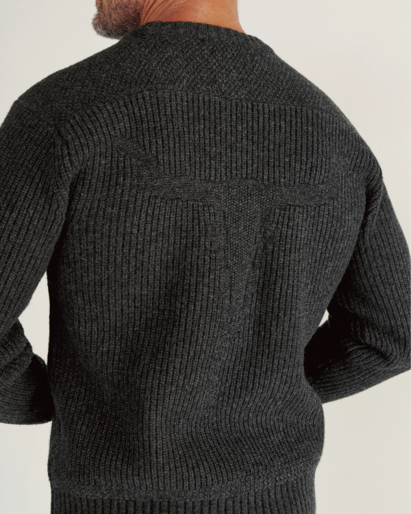 Back view of Men's Crew Neck Desert Sweater - Faded Black on model
