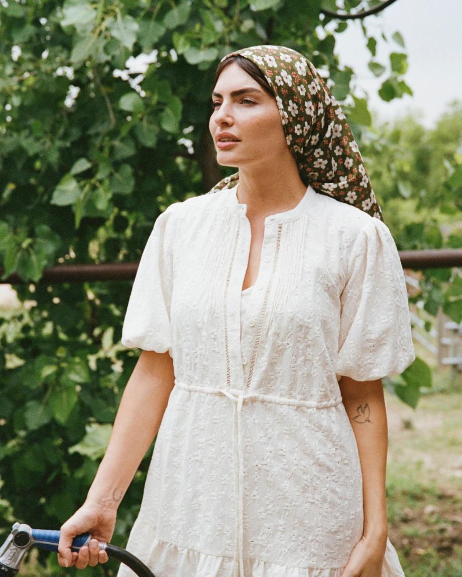 Front view of The Floral Ranch Scarf by Kristopher Brock / Olive/Beige Floral - Olive/Beige Floral on plain background