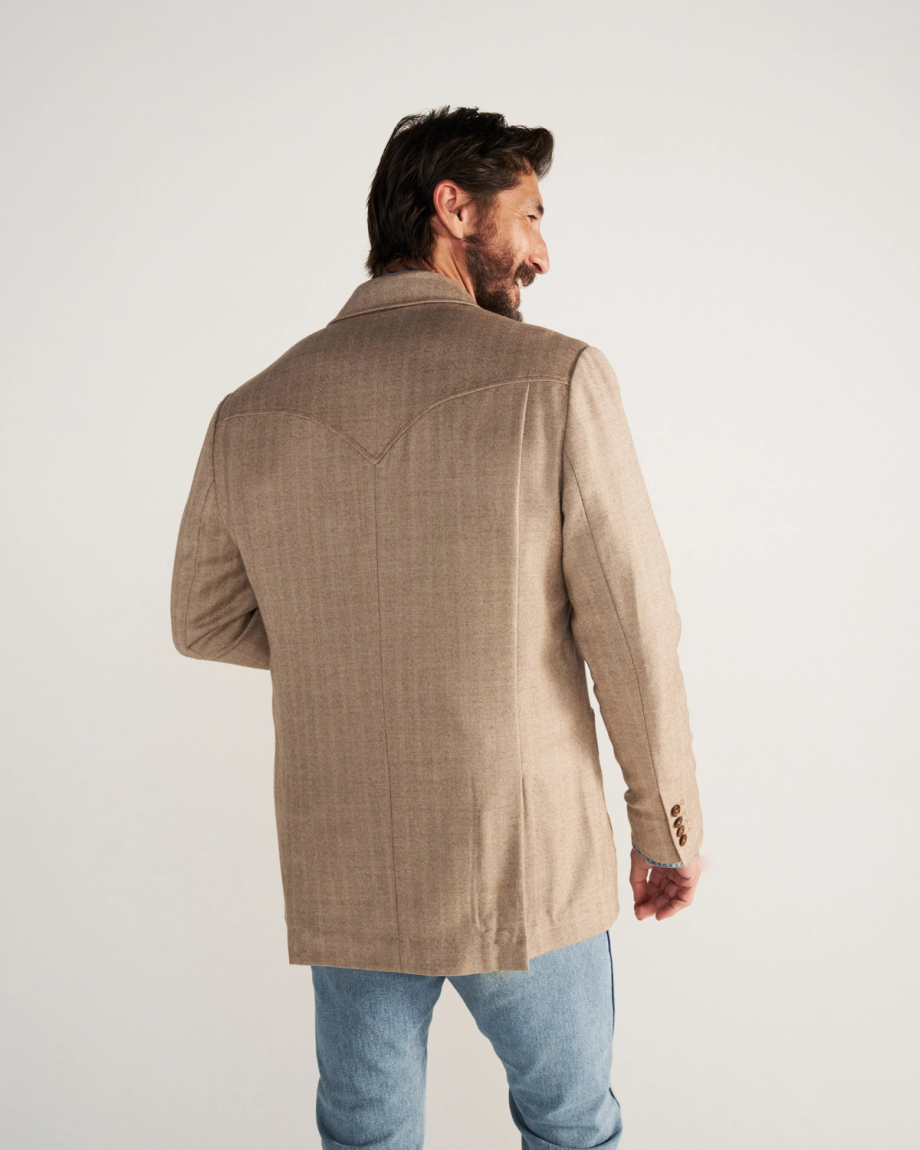 Back view of Men's Western Blazer - Khaki on model