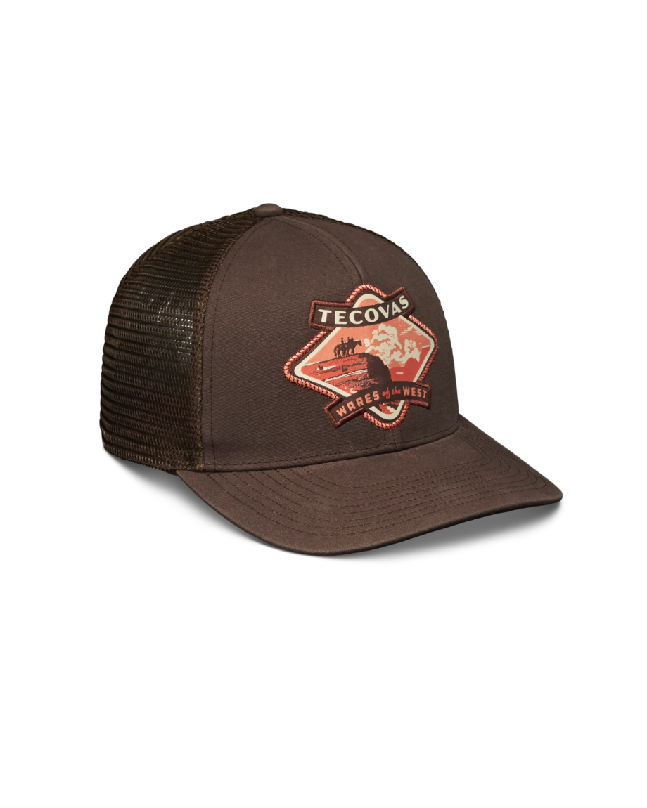 Quarterfront view of Tecovas Wares of the West Trucker - Dark Brown on plain background