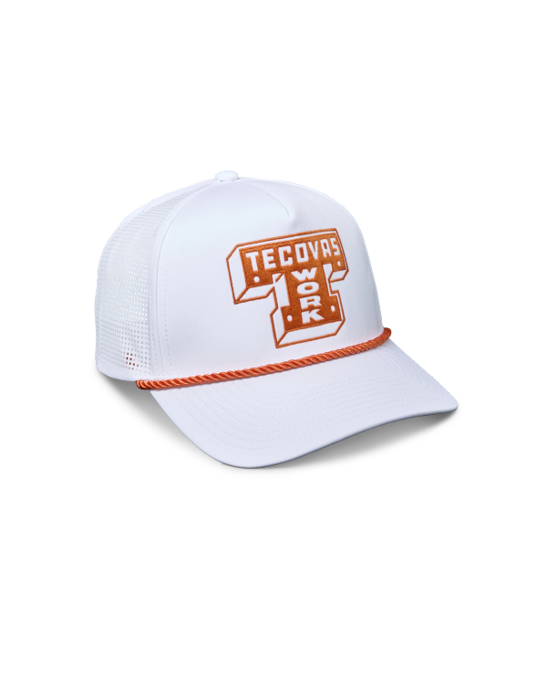 Quarterfront view of Tecovas Work Performance Trucker - Burnt Orange Polyester on plain background