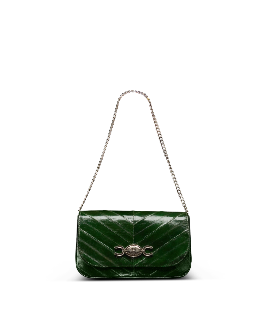 Front view of Eel Concho Clutch - Green on plain background