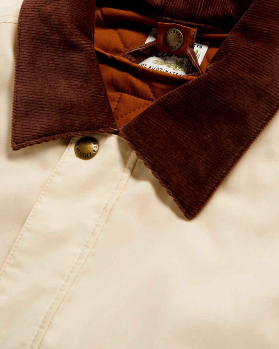 Closeup detail view of Men's Ranch Coat - Ivory / Saddle