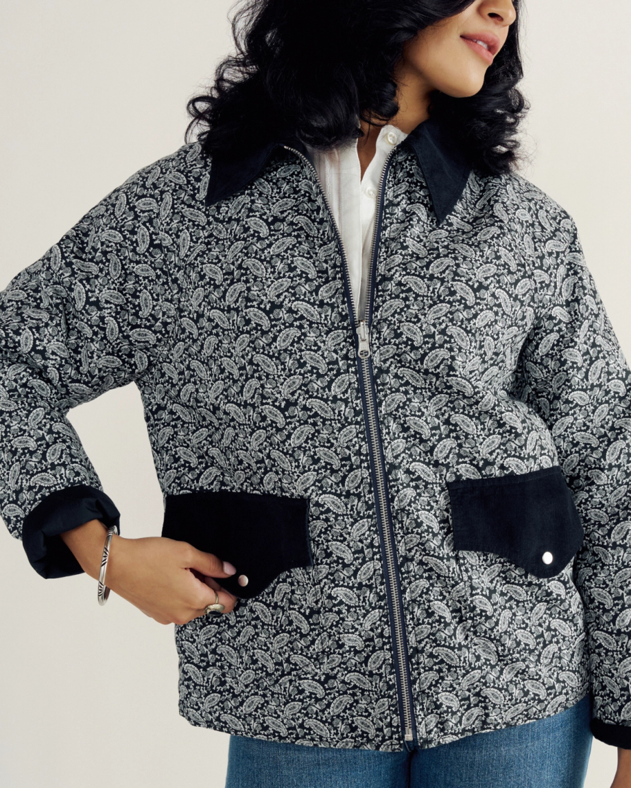 Front view of Women's Liner Jacket - Black / White on model