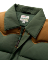 Closeup detail view of Men's Western Canvas Puffer Vest - Dark Green/Khaki