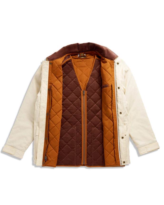 Front view of Men's Ranch Coat - Ivory / Saddle on plain background