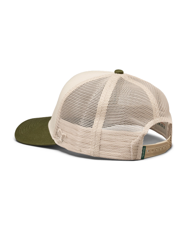 Quarterback view of Bison Trucker - Cream/Moss on plain background