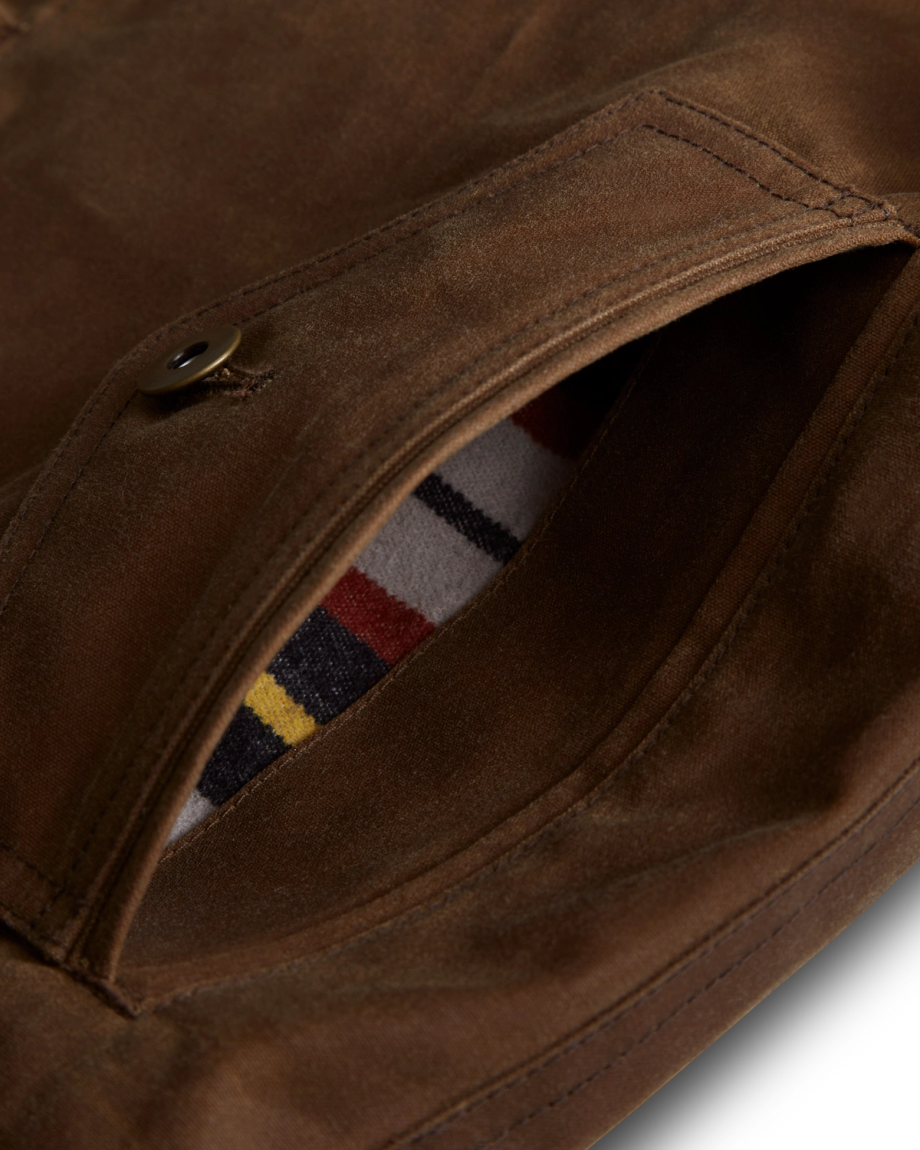 Closeup view of Buckaroo Waxed Canvas Trucker Jacket - Tobacco