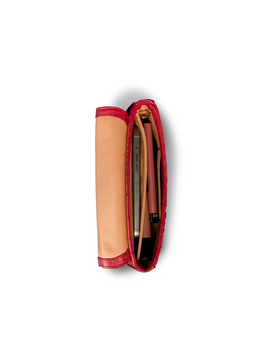 Inside view of Ostrich Flap Shoulder Bag - Barn Red on plain background