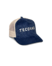 Quarterfront view of Tecovas Corduroy Five-Panel Mesh Trucker - Navy on plain background