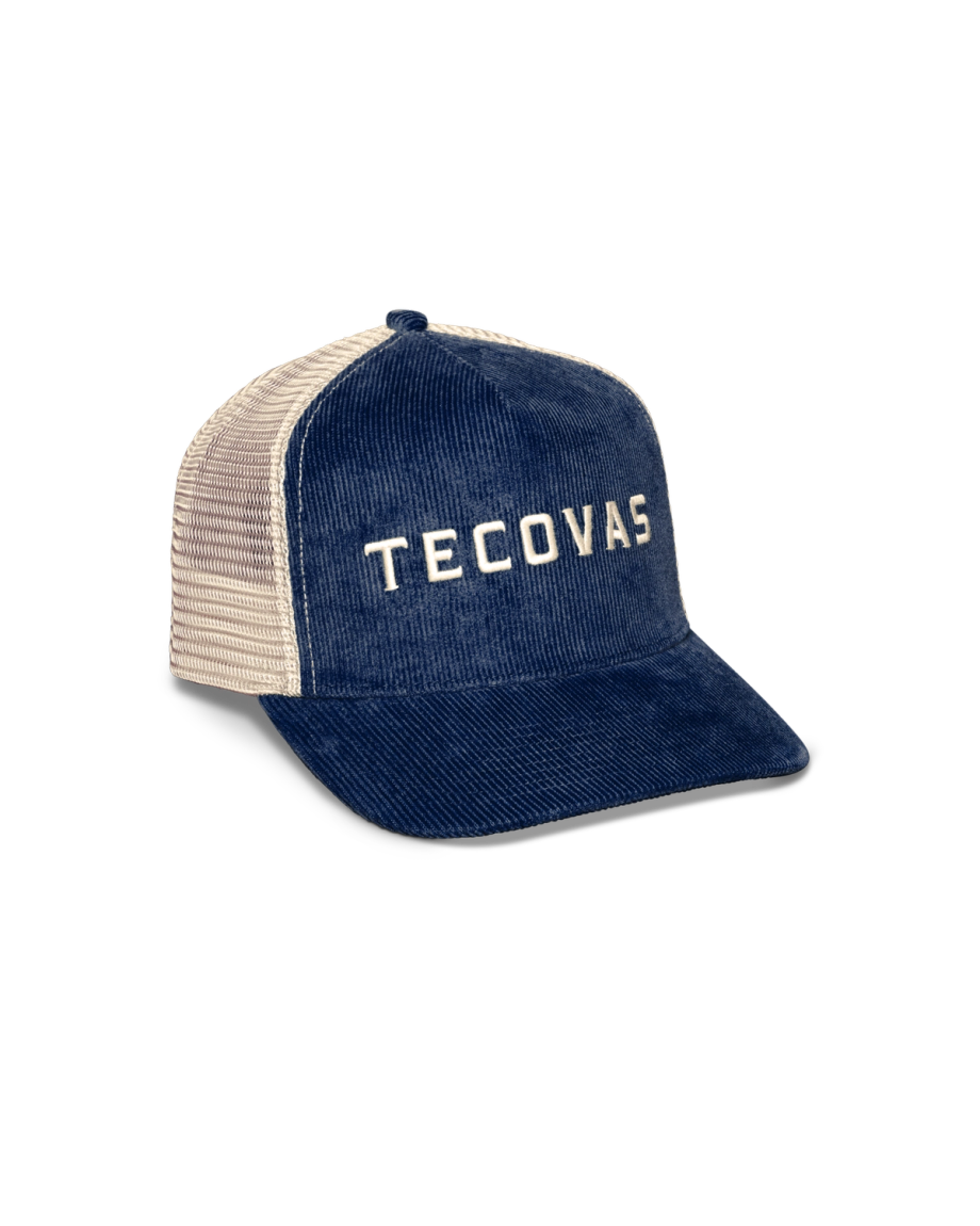 Quarterfront view of Tecovas Corduroy Five-Panel Mesh Trucker - Navy on plain background