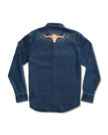 Back view of a dark denim shirt featuring a golden embroidered bull skull with sun rays on the upper back and a small design on the left sleeve.