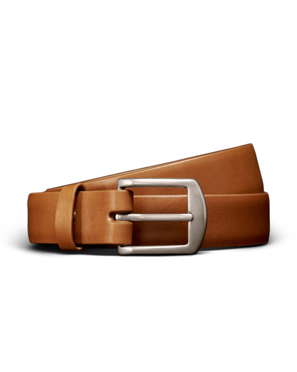 Unbuckled view of Men's Dress Belt - Caramel on plain background