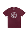 A maroon short-sleeve t-shirt with a white graphic of a bull and rider, and the text "FLYING-T BUCKING BULLS 2015" on the front.