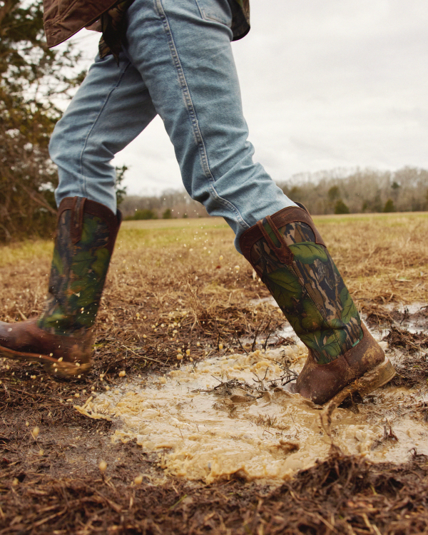 Full view of Tecovas x Mossy Oak Snake Boot - Full Foliage Cowhide on plain background