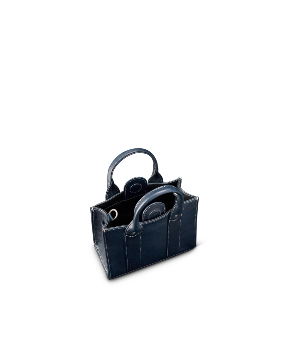 Front view of Mini Leather Satchel - Navy on plain background
