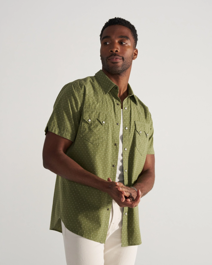 Closeup detail view of Men's Star Stitch Pearl Snap - Sage