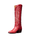 The Abby Wide Calf in Crimson Cowhide. A tall crimson cowhide leather cowboy boot with decorative white stitching, a pointed toe, and a low angled heel is shown against a plain white background.