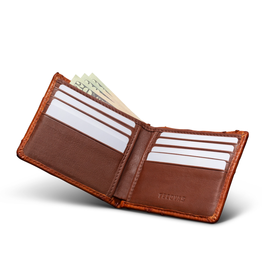 Inside view of Ostrich Billfold - Pecan on plain background
