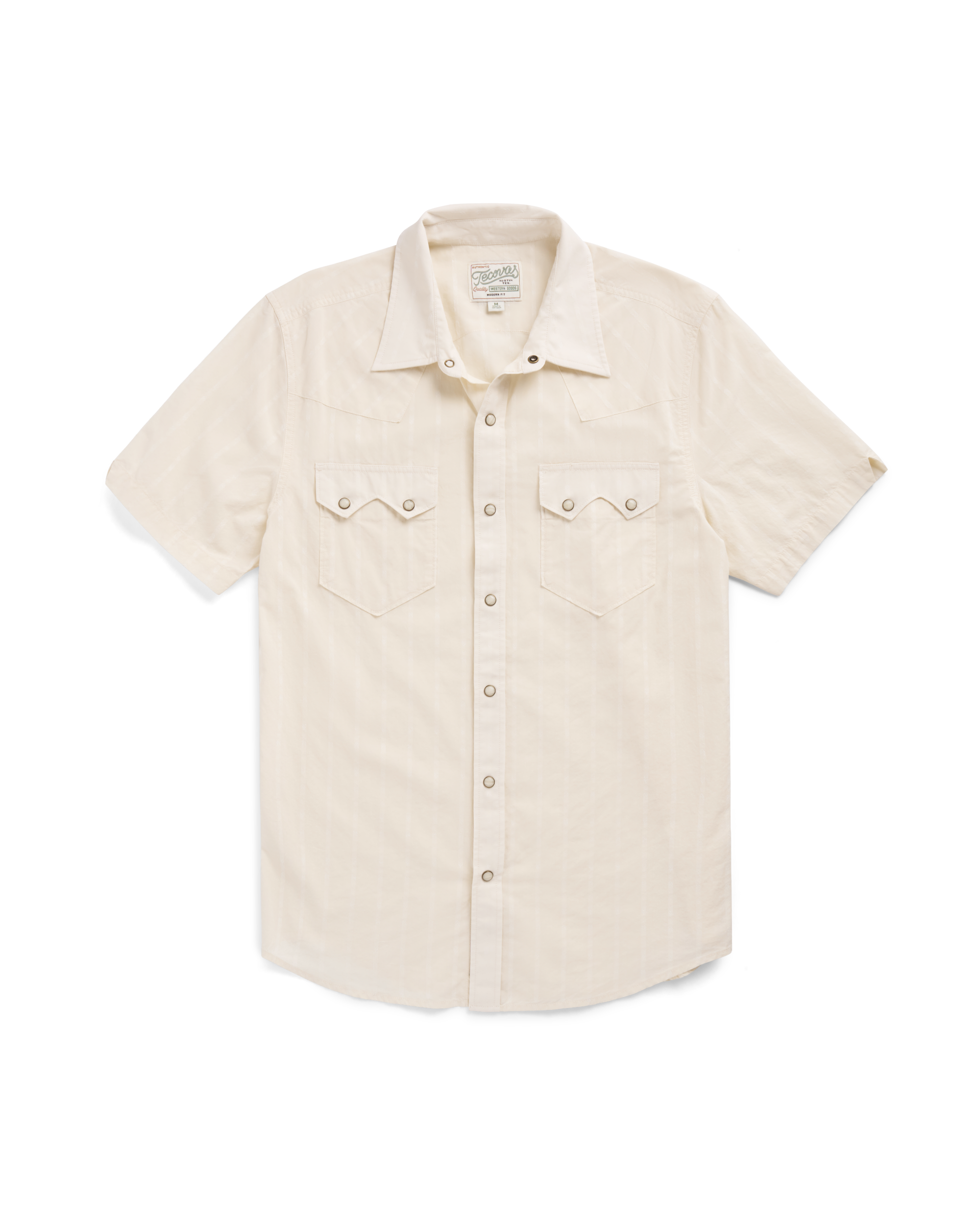 Closeup detail view of Men's Vintage Weight Short Sleeve Pearl Snap - Light Sand/Multi