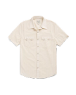 Closeup detail view of Men's Vintage Weight Short Sleeve Pearl Snap - Light Sand/Multi